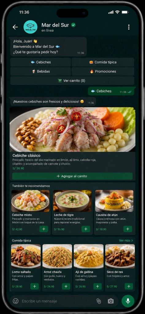 Flujo de pedidos en WhatsApp para restaurante de mariscos